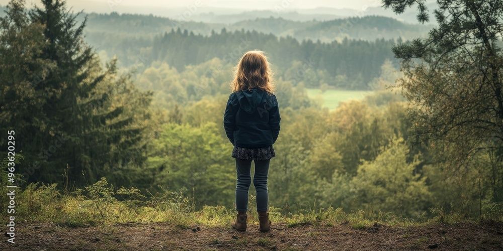 Young child gazes over a lush valley during early morning sunlight Young child gazes over a lush valley during early morning sunlight