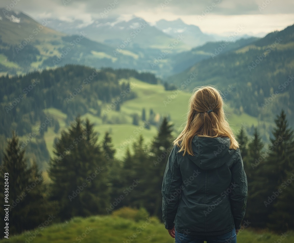 Person admiring a vast mountain landscape in cloudy weather Person admiring a vast mountain landscape in cloudy weather