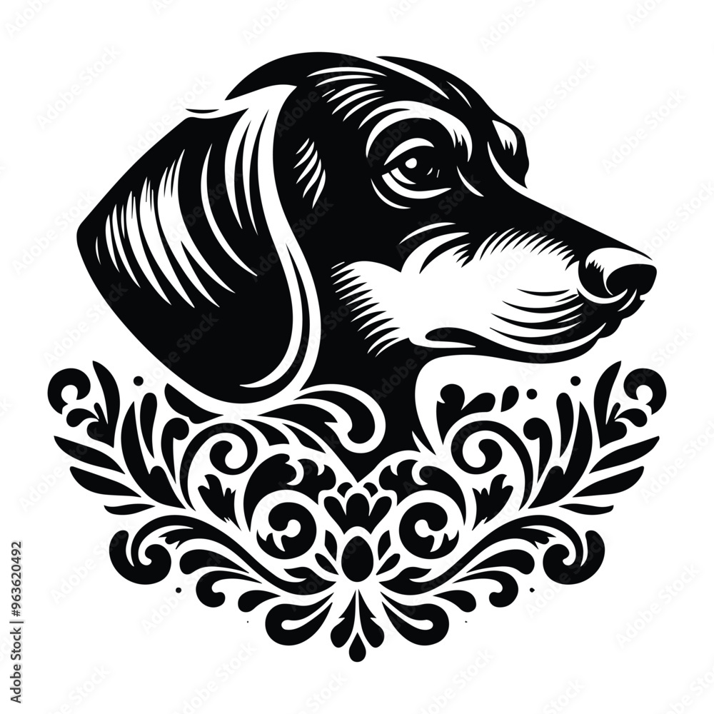 Fototapeta premium Dachshund dog with victorian flourish decoration, stencil logo, black and white animal illustration