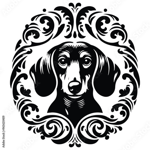 Dachshund dog with victorian flourish decoration, stencil logo, black and white animal illustration