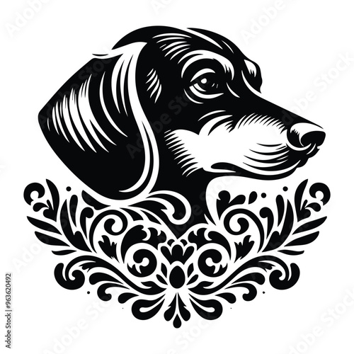 Dachshund dog with victorian flourish decoration, stencil logo, black and white animal illustration