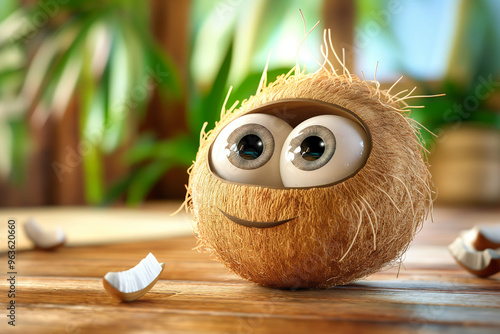 Cute 3D Cartoon Coconut Fruit Character with Big Eyes, Playful and Vibrant Colors