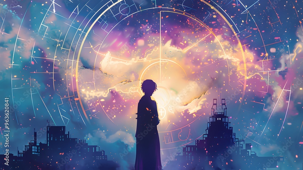Silhouette of a Woman in a Cityscape with a Cosmic Background Silhouette of a Woman in a Cityscape with a Cosmic Background