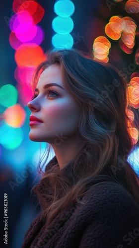 Young woman enjoying colorful lights during a festive evening in the city