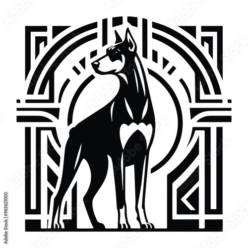 Doberman dog with art deco decoration, stencil logo, black and white animal illustration