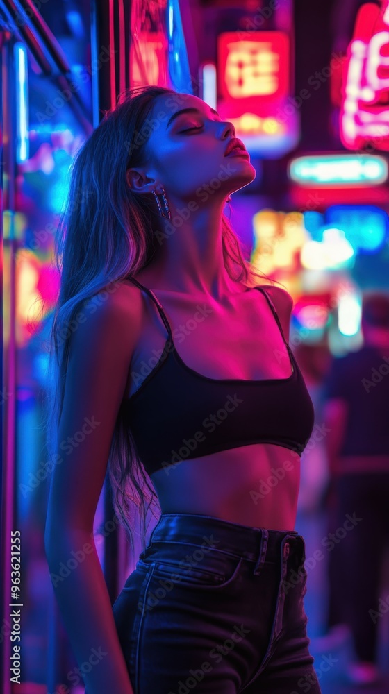 A young woman poses in a neon-lit alley during nighttime in the city A young woman poses in a neon-lit alley during nighttime in the city