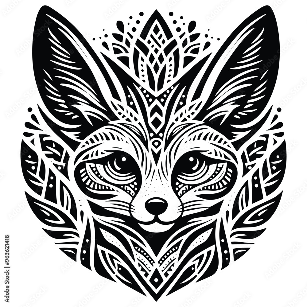 Fototapeta premium Fennec fox in zentangle art, stencil logo, black and white animal illustration