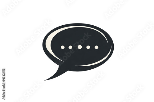 A minimalist black and white speech bubble icon featuring an ellipsis, representing communication or a conversation pause.  photo