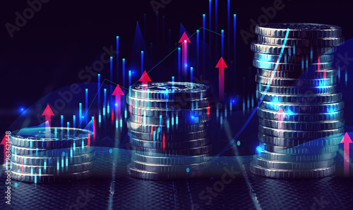 Stack of coins and chart with increasing indicators, high income in business photo