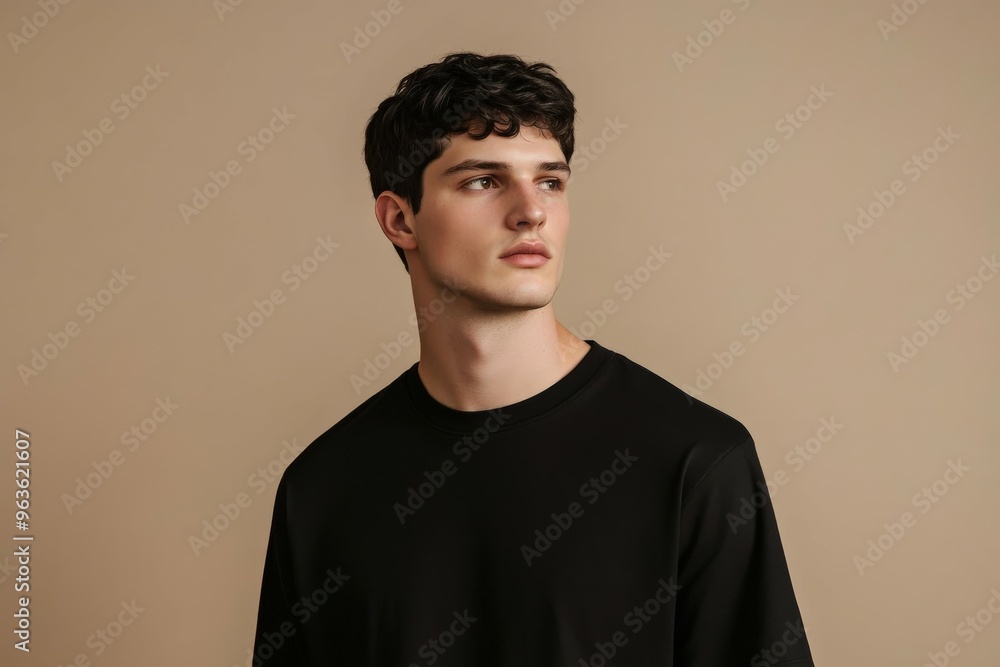 Fototapeta premium Stylish male model showcasing modern fashion against a neutral backdrop