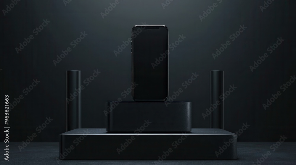 custom made wallpaper toronto digitalA sleek smartphone is showcased on a black podium with a dark background, ideal for technology advertisements, mobile phone promotions, or corporate presentations,