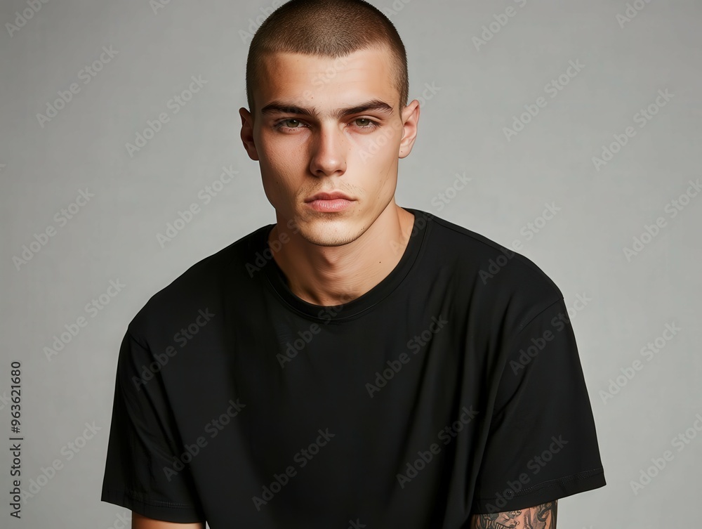 Obraz premium Young male model poses confidently in a minimalist studio setting