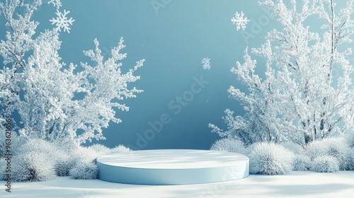 A serene winter scene with a snow-covered platform surrounded by frosted trees and snowflakes, suitable for holiday-themed promotions or seasonal product displays,