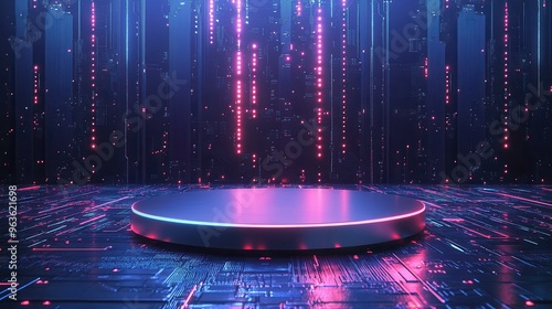Wallpaper Mural A futuristic podium illuminated by neon lights, set against a digital cityscape background with a dark, high-tech ambiance, Ideal for tech presentations, product showcases, and sci-fi themed projects Torontodigital.ca