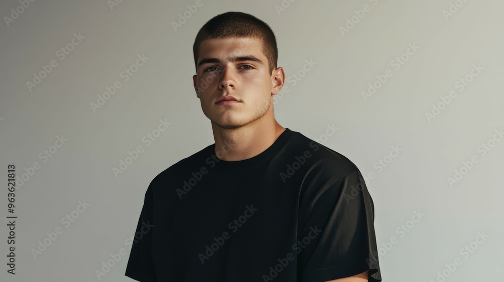 Obraz premium Model poses confidently in casual fashion against a minimalist backdrop