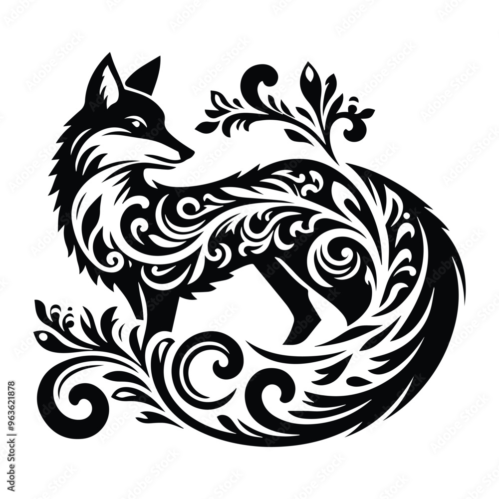 Obraz premium Fox with victorian flourish decoration, stencil logo, black and white animal illustration