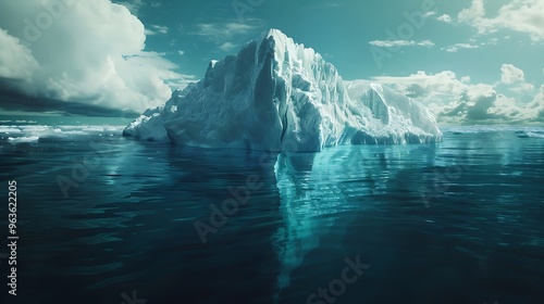 A dramatic scene of a melting iceberg in the ocean, symbolizing the impact of global warming and the environmental crisis. Ideal for climate change awareness campaigns.