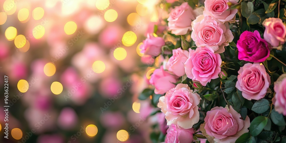 Blooming pink roses with soft lights creating a romantic atmosphere Blooming pink roses with soft lights creating a romantic atmosphere