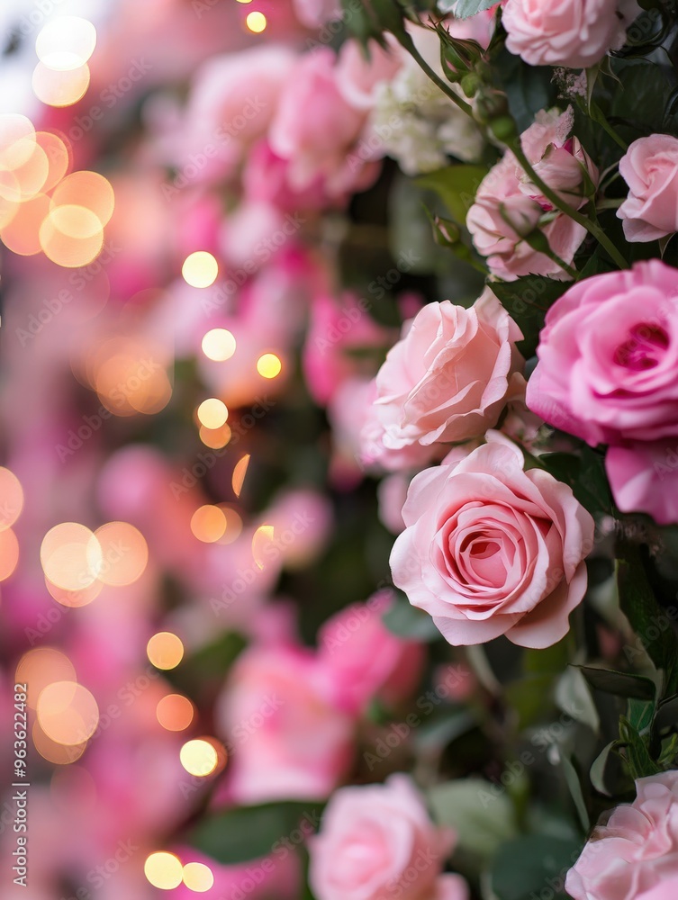Decorative pink roses with soft lights at an evening outdoor event Decorative pink roses with soft lights at an evening outdoor event