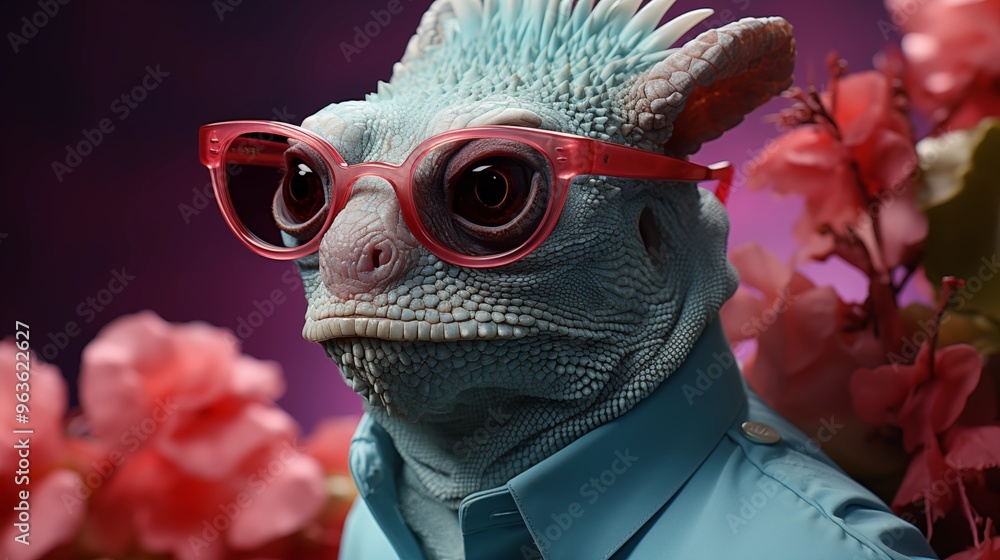 chameleon with sunglasses with pink skin in blue background chameleon with sunglasses with pink skin in blue background