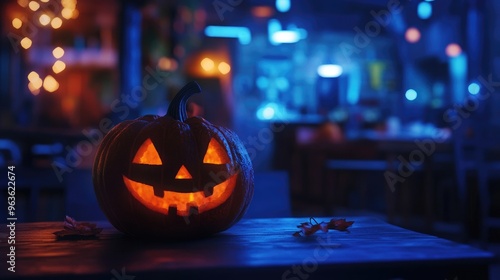 Jack Oa?? Lantern On Table In Spooky Night - Halloween With Full Moon photo