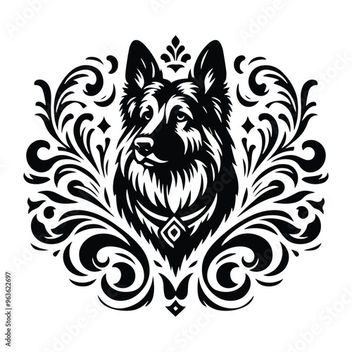 Wallpaper Mural German Shepherd dog with victorian flourish decoration, stencil logo, black and white animal illustration Torontodigital.ca