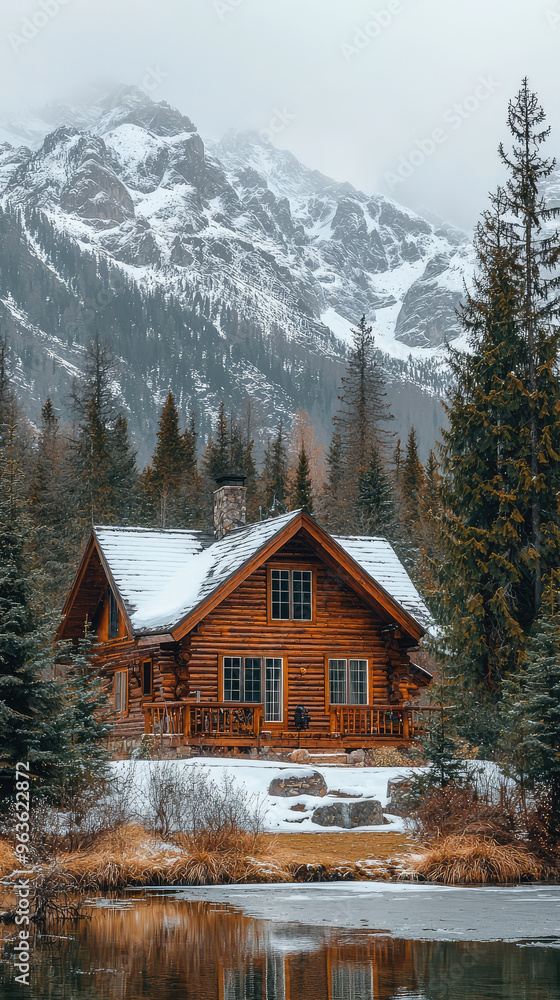 Rustic log cabin surrounded by snow-capped mountains and a frozen lake Rustic log cabin surrounded by snow-capped mountains and a frozen lake