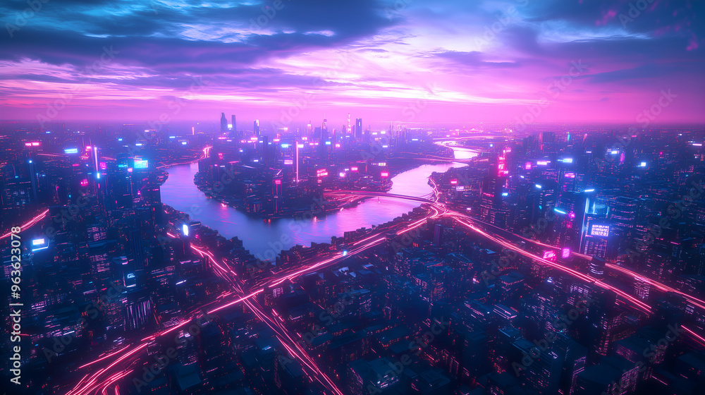 Fototapeta premium A cyberpunk-inspired city at dusk, with neon-lit highways crisscrossing through a sprawling urban landscape alongside a river, set against a vibrant purple and blue sky