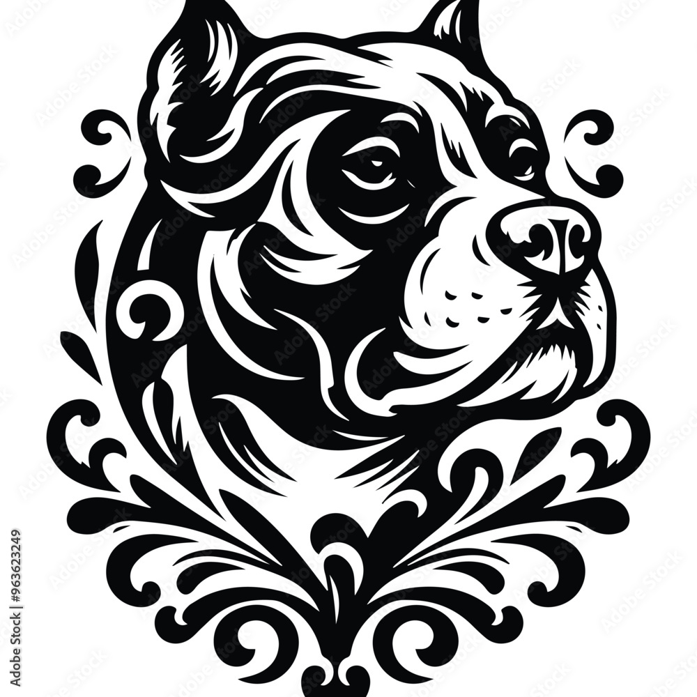 pitbull dog with victorian flourish decoration, stencil logo, black and white animal illustration pitbull dog with victorian flourish decoration, stencil logo, black and white animal illustration