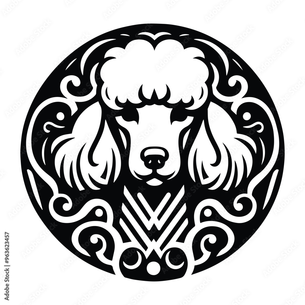 Fototapeta premium Poodle dog with art nouveau decoration, stencil logo, black and white animal illustration