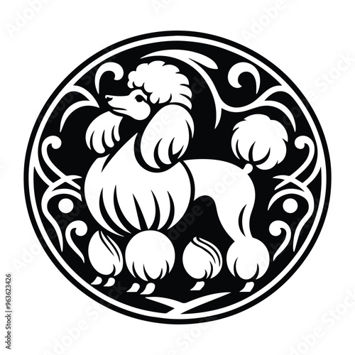 Poodle dog with art nouveau decoration, stencil logo, black and white animal illustration