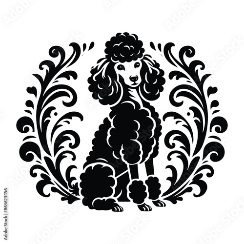 Poodle dog with victorian flourish decoration, stencil logo, black and white animal illustration