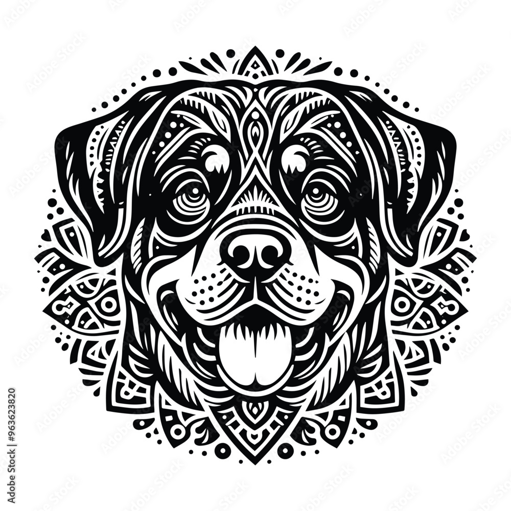 Fototapeta premium Rottweiler dog in zentangle art, stencil logo, black and white animal illustration