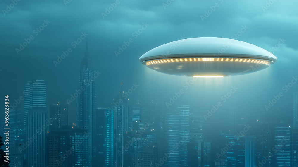 Mysterious UFO hovering over a futuristic city at night Mysterious UFO hovering over a futuristic city at night