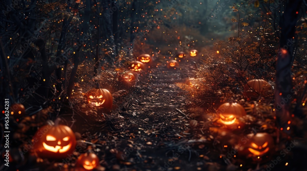 Spooky path with glowing pumpkins, Spooky path with glowing pumpkins,