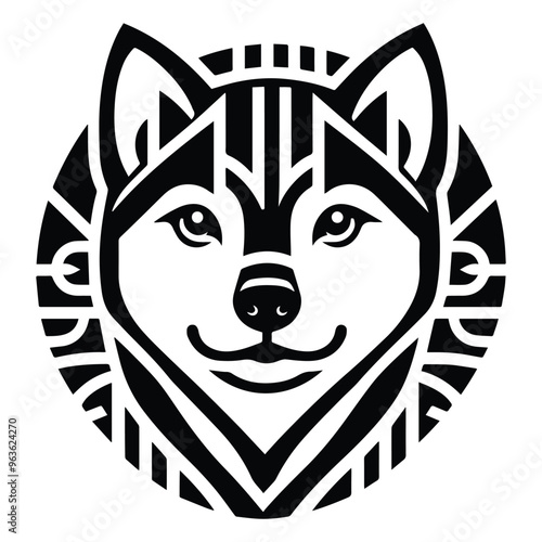 shiba dog with art deco decoration, stencil logo, black and white animal illustration