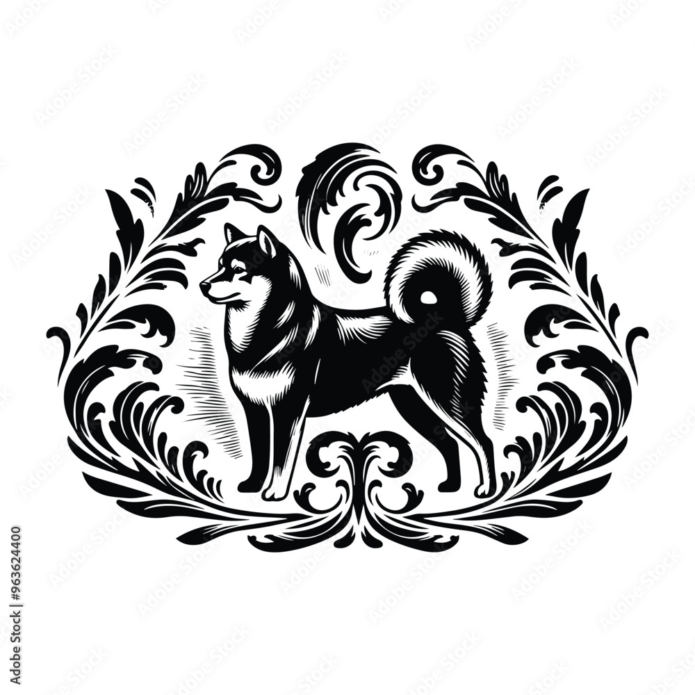 shiba dog with victorian flourish decoration, stencil logo, black and white animal illustration shiba dog with victorian flourish decoration, stencil logo, black and white animal illustration