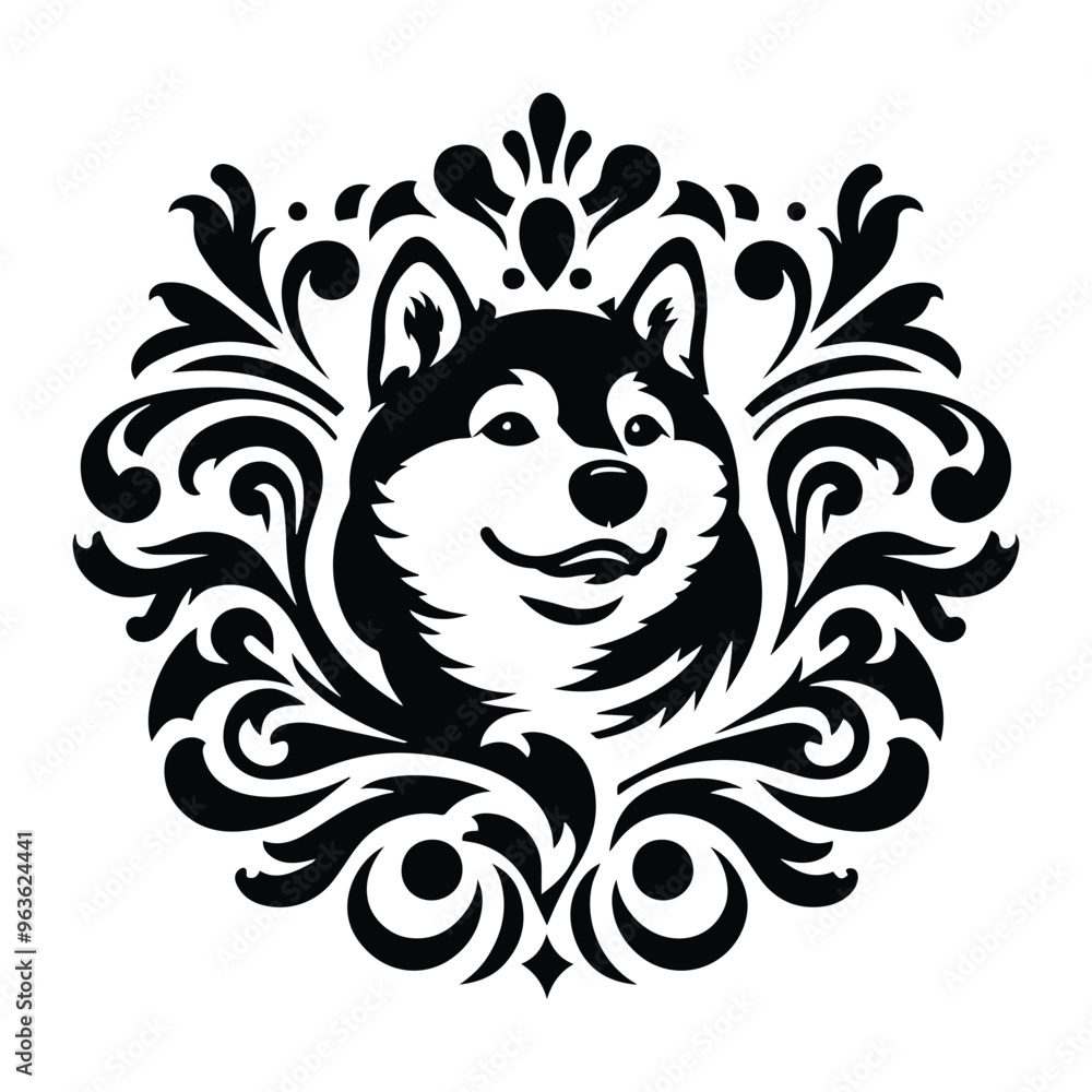 Fototapeta premium shiba dog with victorian flourish decoration, stencil logo, black and white animal illustration