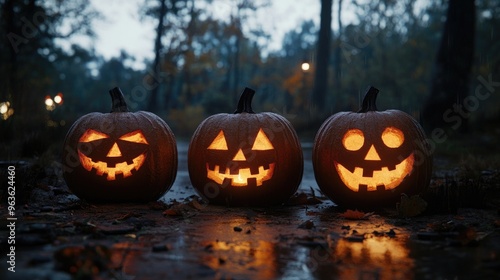 Three halloween Jack O' Lantern pumpkins