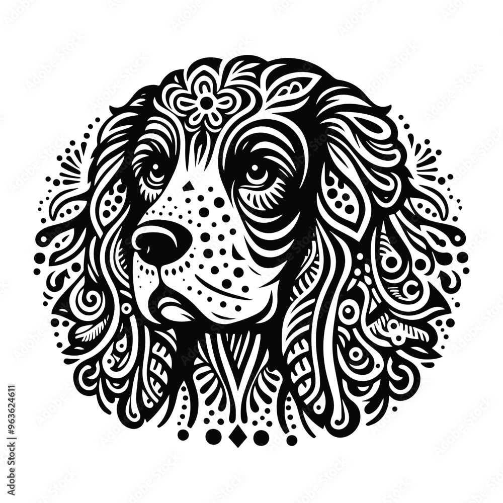 Fototapeta premium Spaniel dog in zentangle art, stencil logo, black and white animal illustration