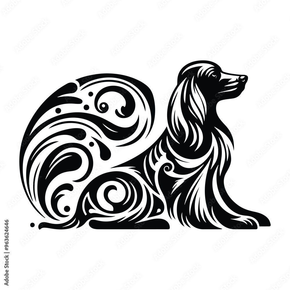 Obraz premium Spaniel dog with art nouveau decoration, stencil logo, black and white animal illustration