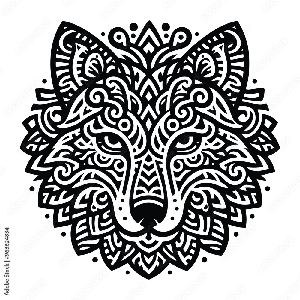 Fototapeta premium Wolf in zentangle art, stencil logo, black and white animal illustration