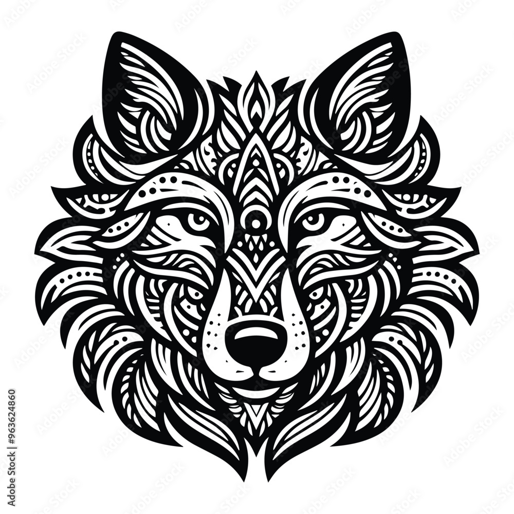 Fototapeta premium Wolf in zentangle art, stencil logo, black and white animal illustration