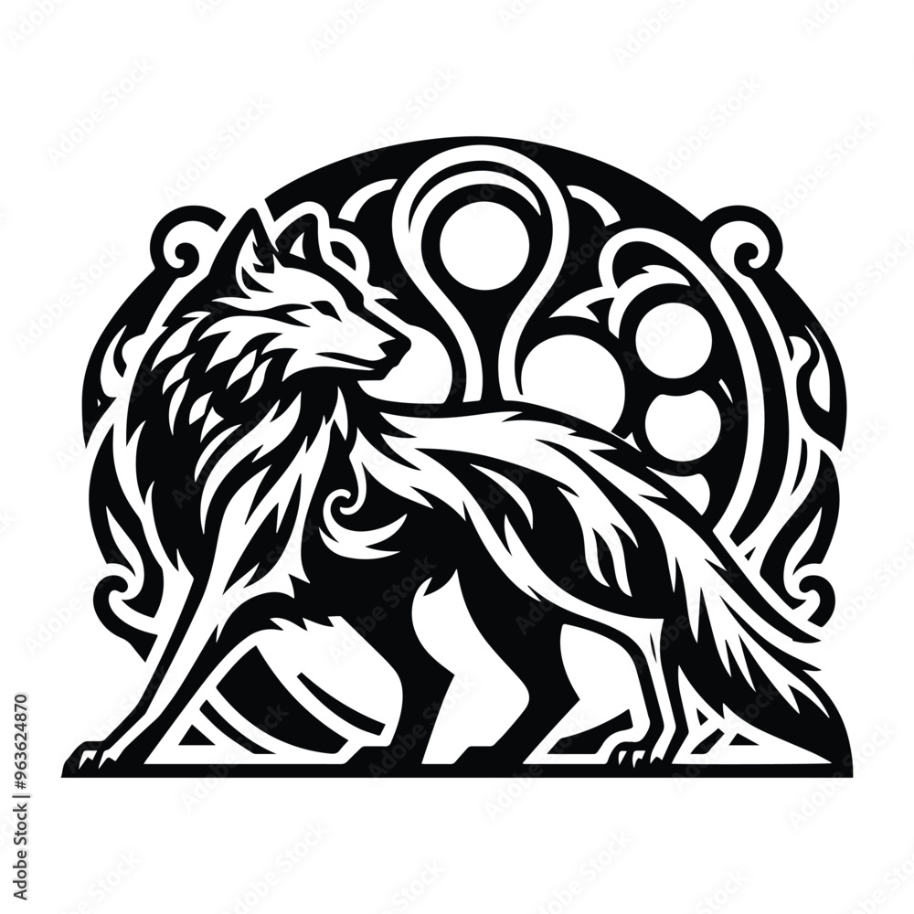 Fototapeta premium Wolf with art nouveau decoration, stencil logo, black and white animal illustration