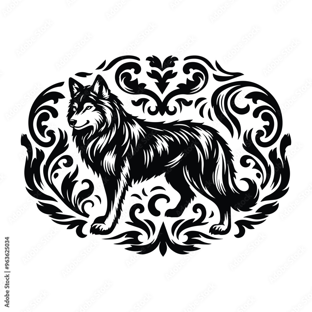 Wolf with victorian flourish decoration, stencil logo, black and white animal illustration Wolf with victorian flourish decoration, stencil logo, black and white animal illustration