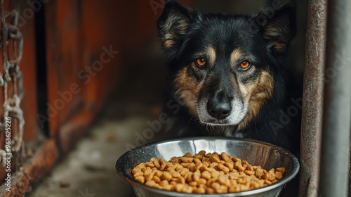 A dog looking at a bowl of dog food photo