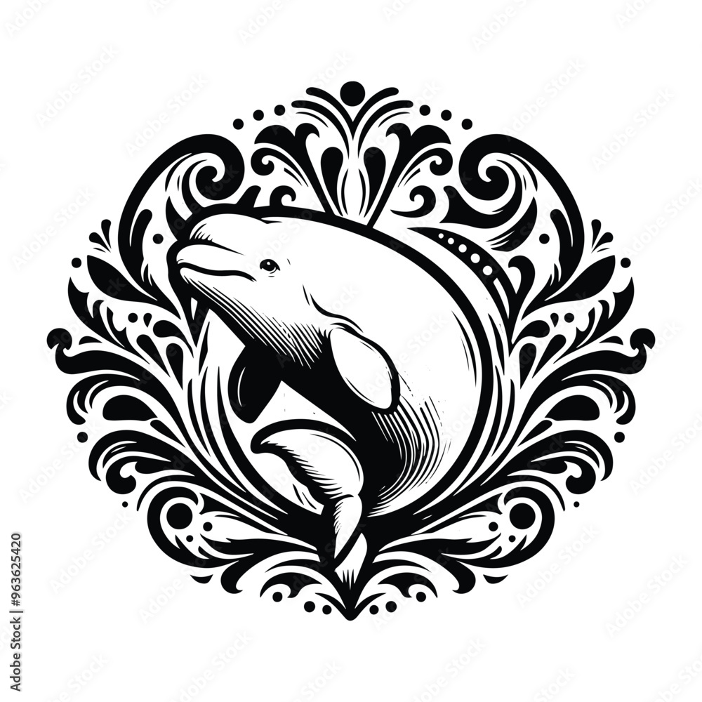 Beluga with victorian flourish decoration, stencil logo, black and white animal illustration Beluga with victorian flourish decoration, stencil logo, black and white animal illustration