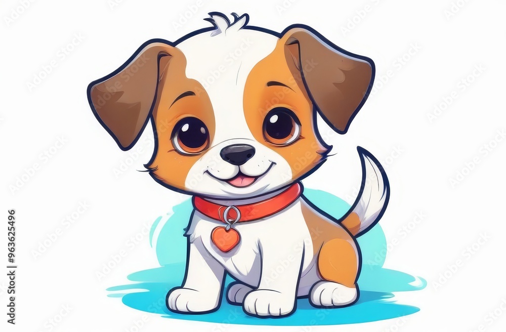 Adorable cartoon puppy with red collar sitting happily Adorable cartoon puppy with red collar sitting happily