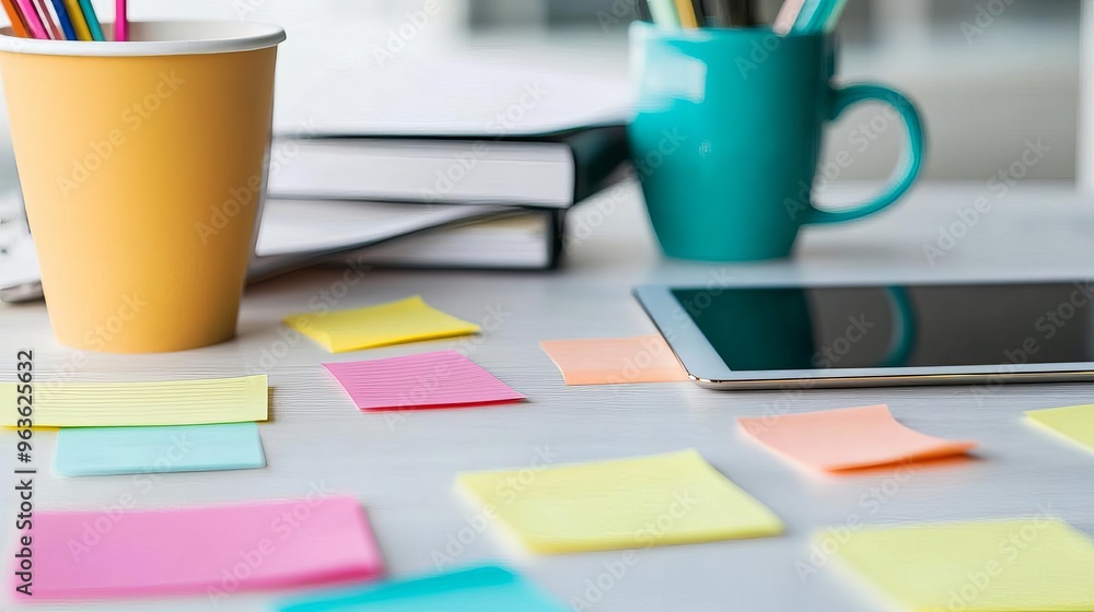 Close-up of a desk with sticky notes, digital tablet, and coffee cup, multitasking, organized setup Close-up of a desk with sticky notes, digital tablet, and coffee cup, multitasking, organized setup