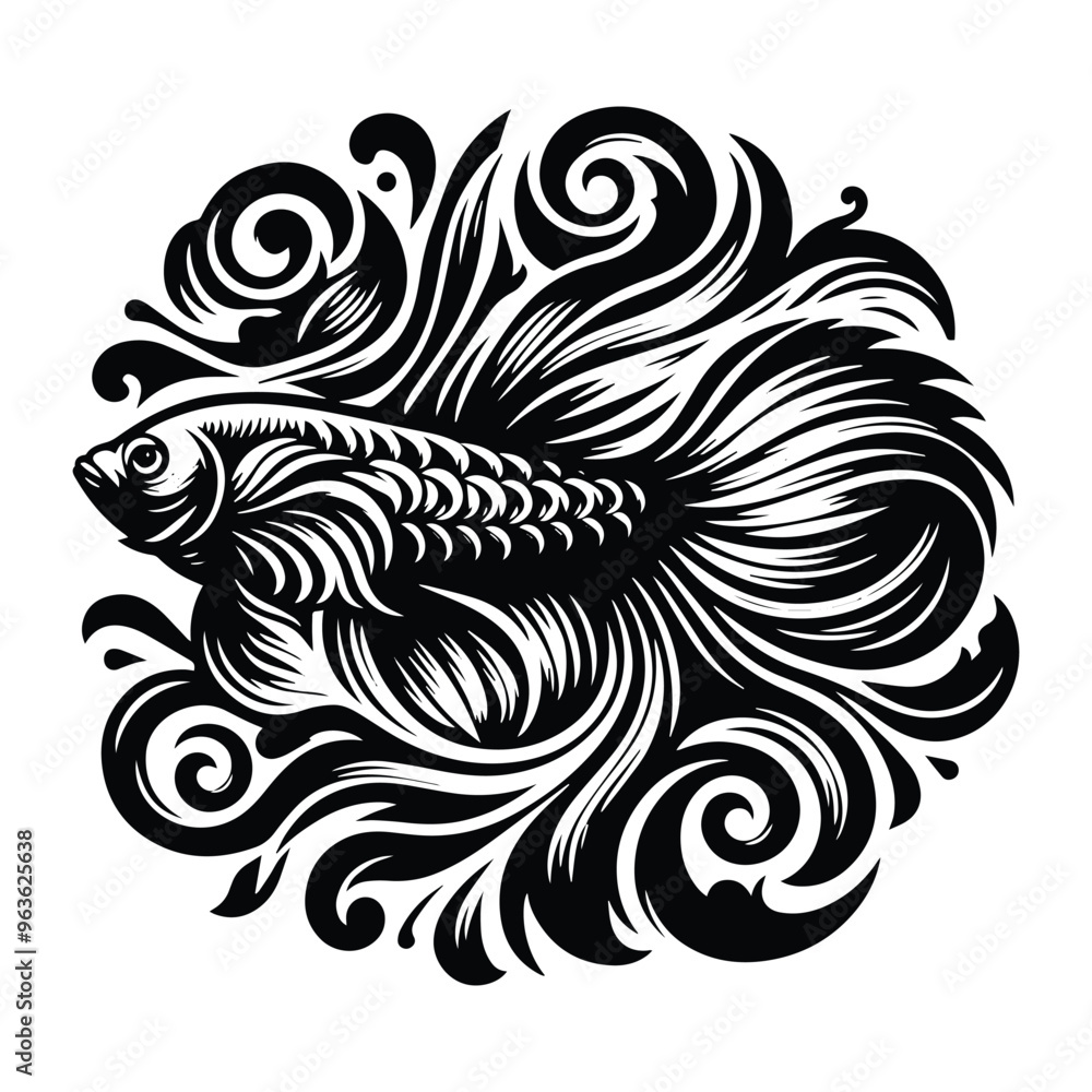 Obraz premium Betta Fish with victorian flourish decoration, stencil logo, black and white animal illustration